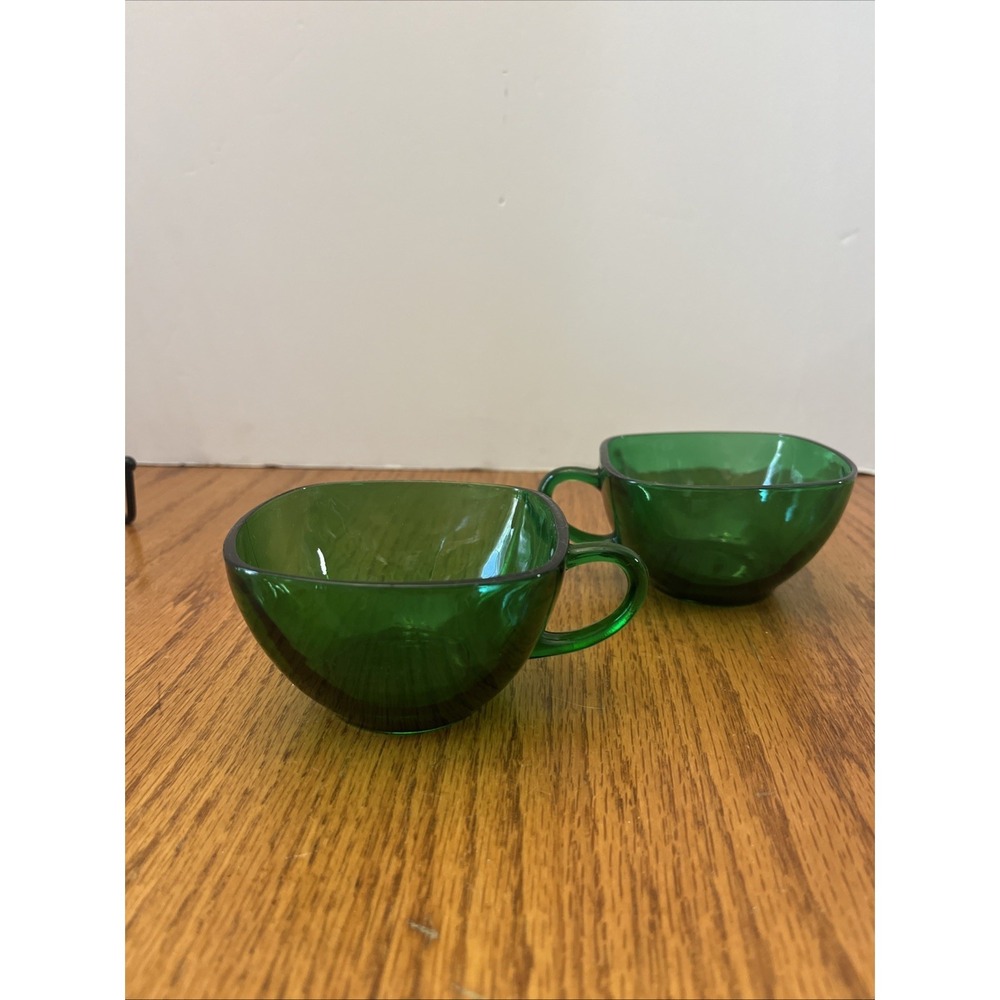 Anchor Hocking Set of 2 Forest Green Glass Punch Tea Cups VTG 1950's MCM